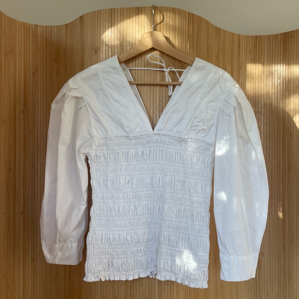Ganni shirred cotton poplin blouse